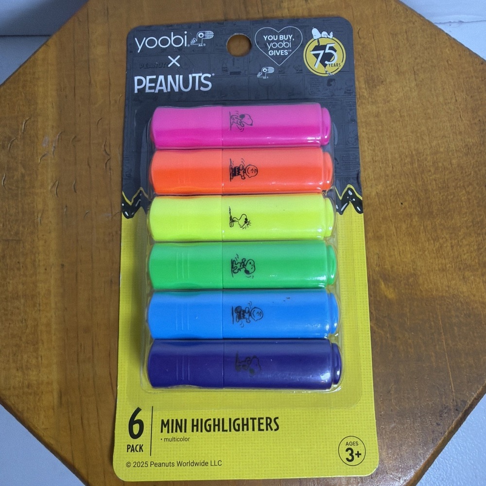 Peanuts Snoopy 6 Mini Highlighters‎ By Yoobi 3 inch